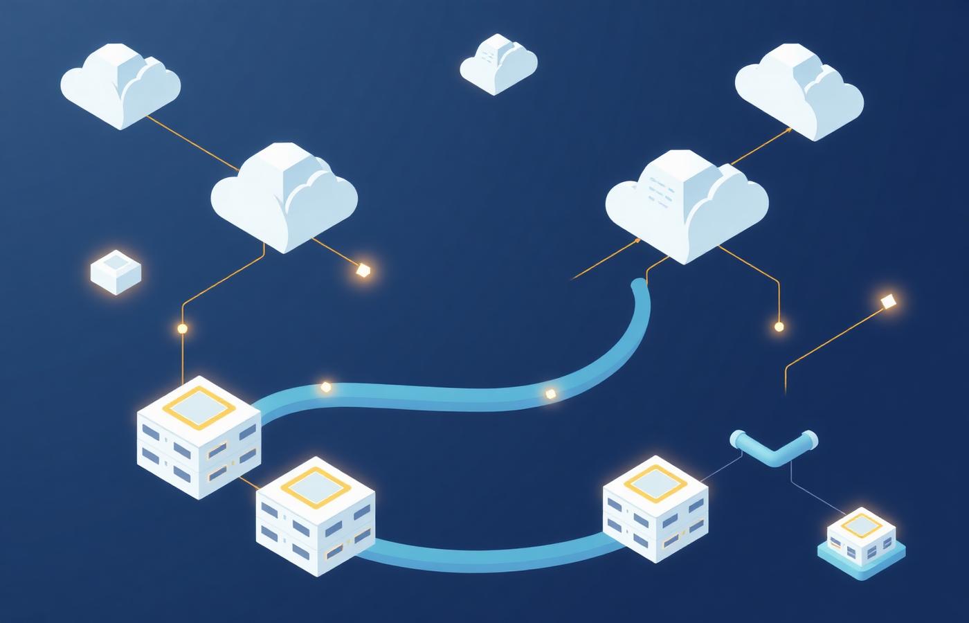 Isometric illustration of application services connected to cloud infrastructure through integration links
