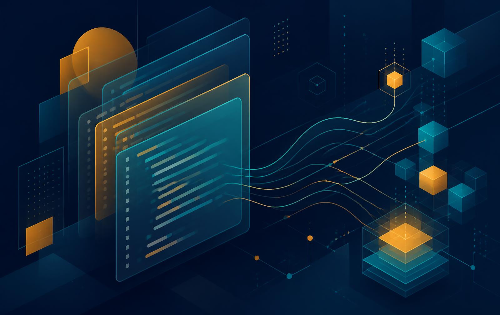 Abstract illustration of application panels and code layers connected to modular building blocks
