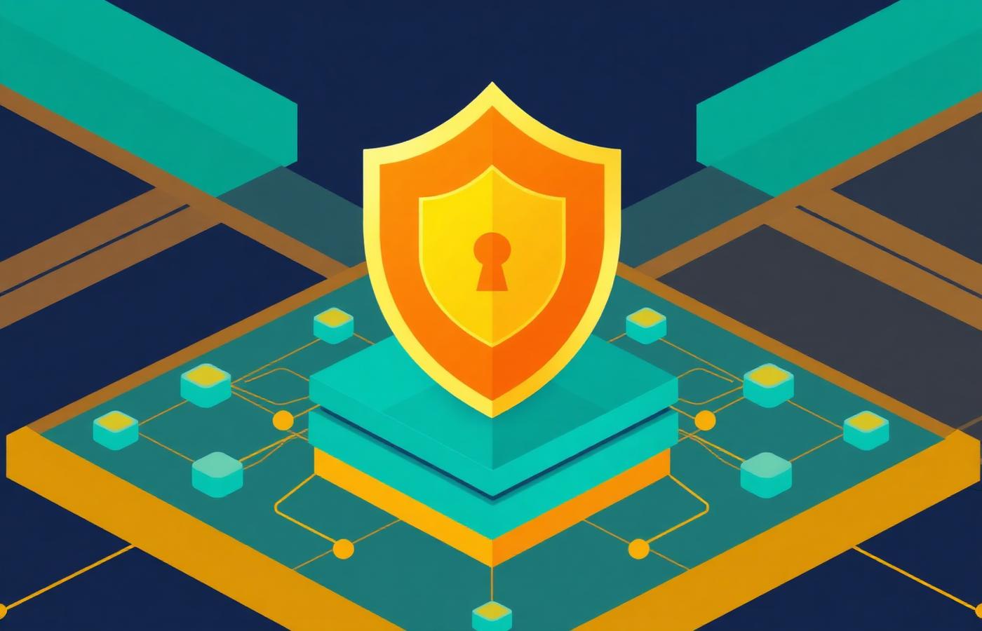 Illustration of a shield above a layered platform representing secure and reviewed system architecture